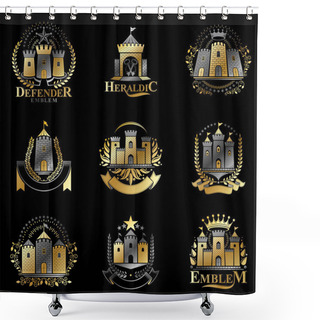 Personality  Ancient Fortresses Emblems Set. Heraldic Coat Of Arms, Vintage Vector Logos Collection. Shower Curtains
