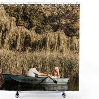 Personality  Young Couple In Boat On Lake Near Thicket Of Sedge Shower Curtains