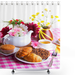 Personality  Breakfest With Tea, Cake And Yellow Flowers Shower Curtains