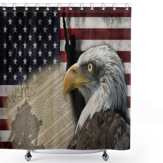 Personality  Bald Eagle And The Silhouette Of The Statue Of Liberty And The Marine Corps War Memorial Monument With Some Historical Documents On The American Flag Shower Curtains