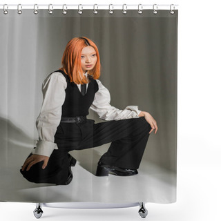 Personality  Red Haired And Confident Asian Woman In Stylish Business Clothes Posing And Looking Away On Grey Shaded Background, White Shirt, Black Vest And Pants, Modern Fashion, Generation Z Shower Curtains