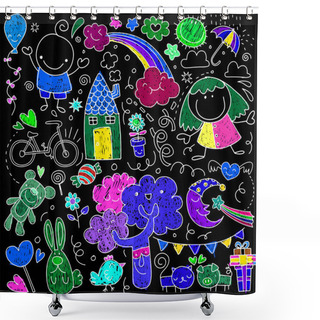 Personality  Collection Of Cute Children's Drawings Of Kids, Animals, Nature, Objects.Vector Illustration Shower Curtains