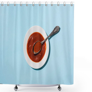 Personality  Top View Of Plate Of Delicious Tomato Sauce On Blue Surface Shower Curtains