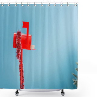 Personality  Red Mailbox With Sparkling Decoration On Blue Shower Curtains