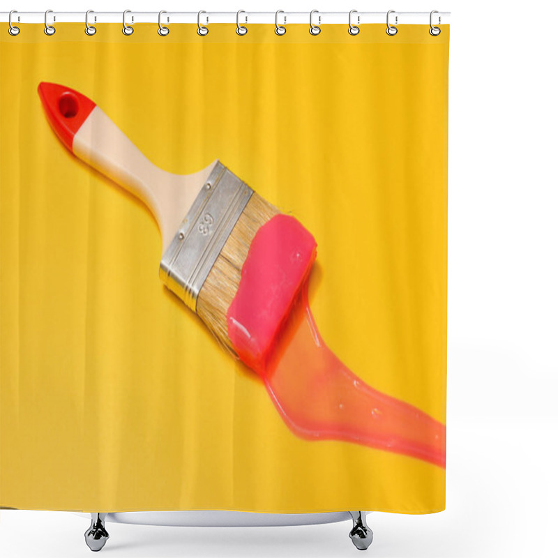 Personality  Shot Of A Brush With Pink Sticky Slime On Yellow Background. Minimalism In Photography, Concept Creative Picture. Painting Tool Shower Curtains