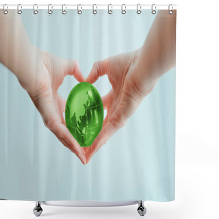 Personality  Hands In Shape Of Heart  Holding Green Glass Globe Of Indoneasia Shower Curtains