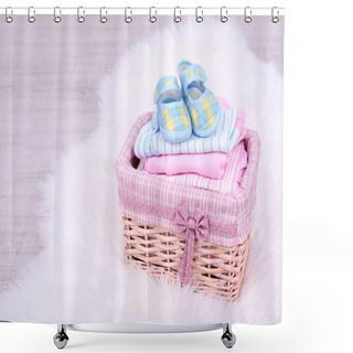 Personality  Baby Clothes In Basket On Floor In Room Shower Curtains