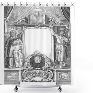 Personality  Title Page For A Bible In The Luther Translation. In The Center A Portrait Of Luther. On Either Side Of The Title Moses And John The Baptist. Shower Curtains