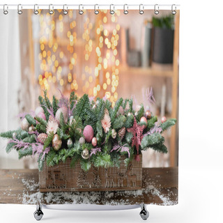 Personality  Beautiful Festive Arrangement Of Fresh Spruce, Pink Ornamentals In A Rustic Wooden Box Box. Christmas Mood. Garland Bokeh On Background. Shower Curtains