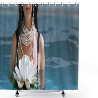 Personality  Panoramic Shot Of Woman In Black Swimsuit And Pearl Necklace Posing In Pool  Shower Curtains