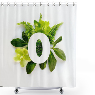 Personality  Number Zero, Cut Out Of White Paper. White And Green Helleborus Winter Rose Flowers, Fern Leaves Below 0 Shape. Floral Arrangement, Square Flat Lay On Off White Paper. Monochromatic Look. Shower Curtains