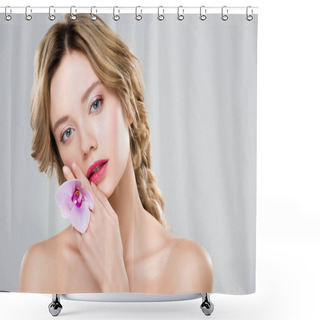 Personality  Attractive Girl Holding Flower Near Face Isolated On Grey Shower Curtains