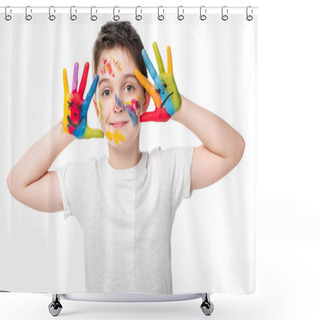 Personality  Adorable Schoolboy Showing Painted Hands With Smiley Icons Isolated On White Shower Curtains