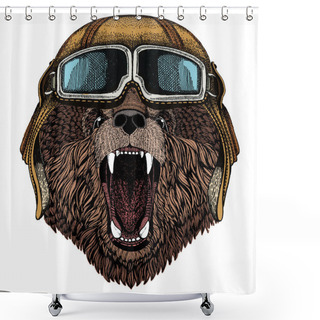 Personality  Wild Bear. Portrait Of Animal. Vintage Aviator Helmet With Googles. Shower Curtains