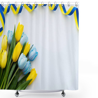 Personality  Top View Of Curly Blue And Yellow Ribbon Near Tulips On White Background  Shower Curtains