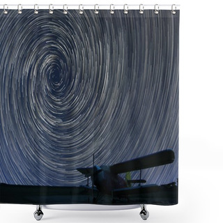 Personality  Beautiful Night Sky, Spiral Star Trails Over Small Airport Lonely Airplane. Vortex Star Trails. Shower Curtains