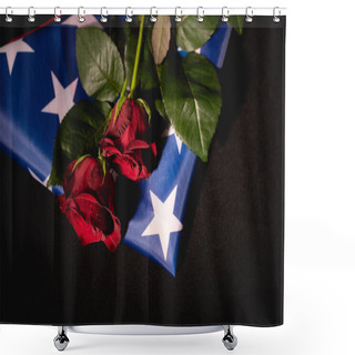 Personality  Red Roses And American Flag On Black Background, Funeral Concept Shower Curtains