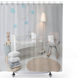 Personality  Stylish Baby Room Interior With Crib And Rocking Chair Shower Curtains