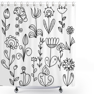 Personality  Set Of Fantasy Doodle Flowers With Leaves, Shading And Petals Of Various Shapes, Vector Outline Illustration For Design And Creativity Shower Curtains