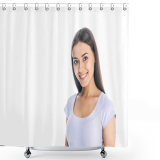 Personality  Portrait Of Smiling Pretty Woman Looking At Camera Isolated On White Shower Curtains