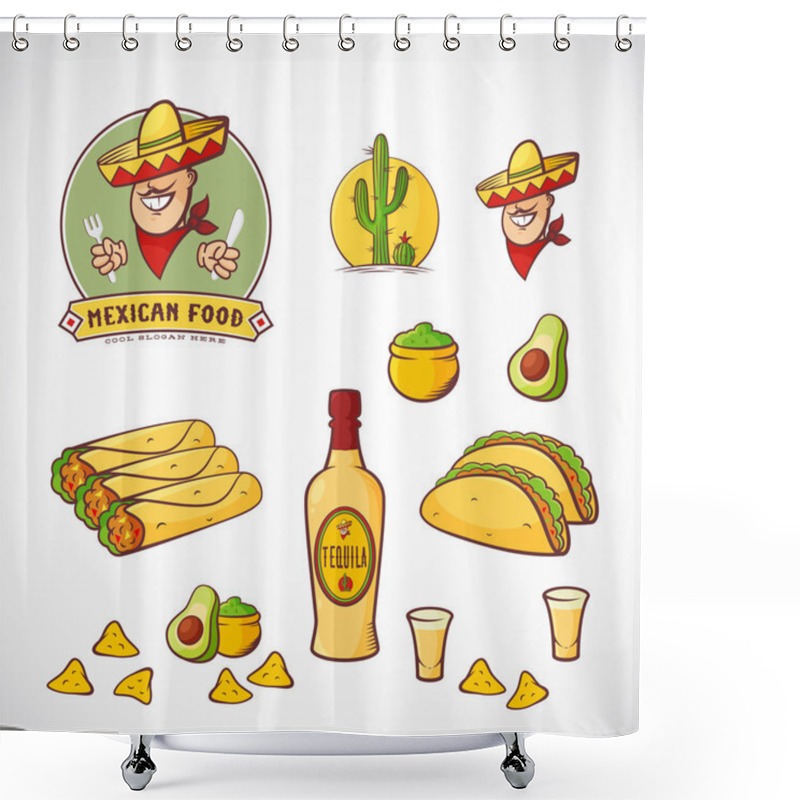 Personality  Mexican Food Vector Illustrations Set With Logo Template For Restaurant Menu, Cafe, Meal Delivery. Smiling Man In Traditional Sombrero, Tacos, Burritos, Tequila, Etc. Bright Colors. Shower Curtains