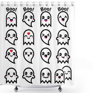 Personality  Kawaii Cute Ghost For Halloween Icons Set Shower Curtains