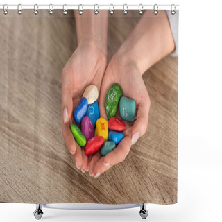Personality  Cropped View Of Woman Holding In Hands Colorful Stones With Zodiac Signs At Wooden Table Shower Curtains