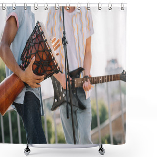 Personality  Cropped View Of Multiracial Men Performing On Sunny City Street Shower Curtains