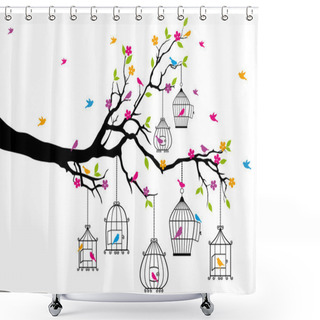 Personality  Tree With Birds And Birdcages, Vector Shower Curtains