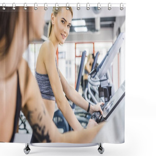 Personality  Close-up Shot Of Sportive Women Working Out On Elliptical Machines At Gym Shower Curtains