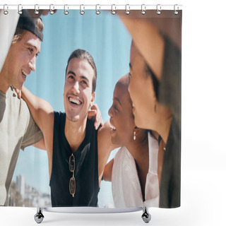 Personality  Friends, Huddle Or Diversity In Solidarity, Community Support Or Bonding By Travel Beach In Group Social Gathering. Smile, Happy Men Or Women In Circle, Summer Holiday Vacation Or Trust Support Group. Shower Curtains