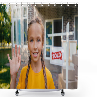 Personality  Joyful Kid Looking At Camera And Waving Hand Near Blurred Board With Sold Lettering And New House Shower Curtains