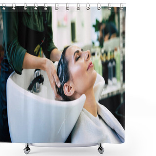 Personality  Hairdresser Washing Head Her Client. Woman In A Hair Salon Shower Curtains