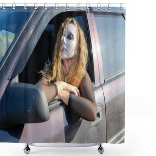 Personality  A Zombie Girl With Black Eyes And A Bloody Mouth In The Car Shower Curtains