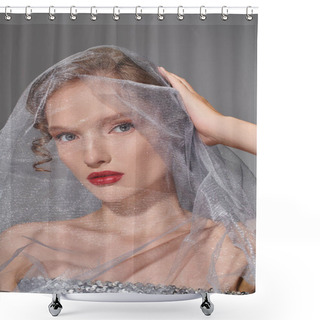 Personality  A Young Woman Exudes Classic Beauty As She Poses With A Veil Draped Delicately Over Her Head In A Studio Setting. Shower Curtains