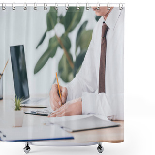 Personality  Cropped View Of Businessman Writing In Document At Workplace, Compensation Concept Shower Curtains