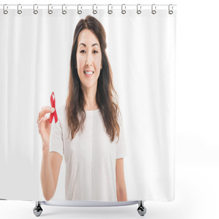 Personality  Smiling Adult Asian Woman Holding Aids Awareness Red Ribbon Isolated On White Shower Curtains