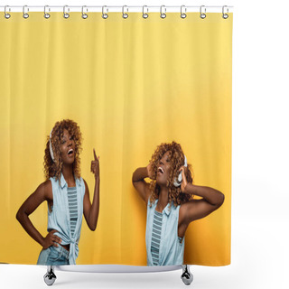 Personality  Collage Of Happy African American Woman Listening Music In Headphones On Yellow Background Shower Curtains