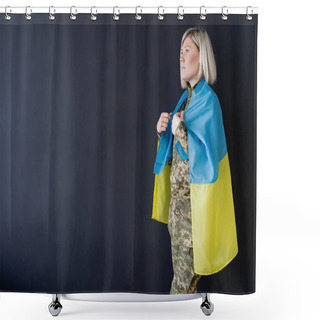 Personality  Side View Of Military Woman With Ukrainian Flag On Shoulders Looking Away Isolated On Black Shower Curtains