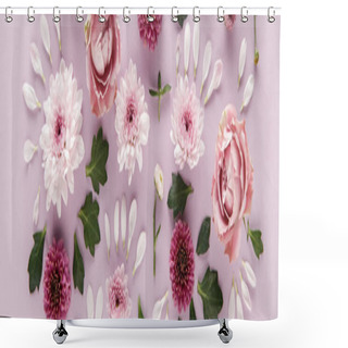 Personality  Top View Of Blooming Spring Chrysanthemums And Roses With Leaves And Petals On Violet Background, Panoramic Shot Shower Curtains