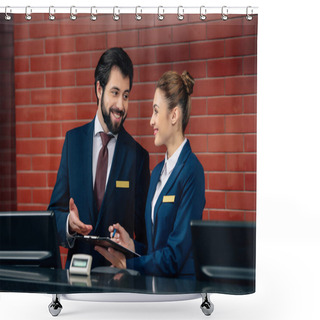Personality  Smiling Hotel Receptionists Working Together At Counter Shower Curtains