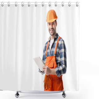 Personality  Smiling Builder In Orange Overall And Hard Hat Using Digital Tablet Isolated On White Shower Curtains