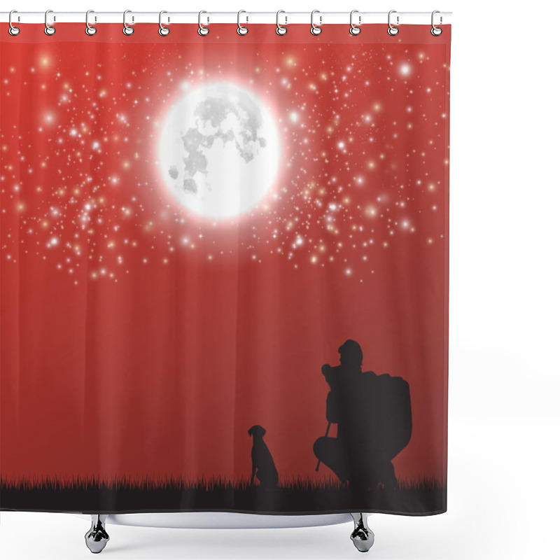 Personality  Men And Dog At The Beautiful Full Moon Vector Illustration Shower Curtains