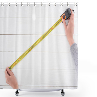 Personality  Cropped View Of Man Holding Industrial Measuring Tape On White Wooden Background Shower Curtains