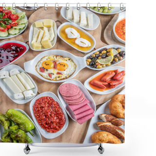 Personality  Turkish Breakfast Set Of Dishes On A Table In A Beautiful Layout. Preparing Turkish Breakfast. Shower Curtains