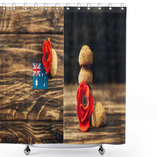 Personality  Collage Of Australian Flag Near Artificial Flowers And Cookies On Wooden Surface  Shower Curtains