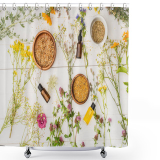 Personality  Top View Of Herbs In Bowls Near Flowers And Bottles On White Wooden Background, Naturopathy Concept Shower Curtains