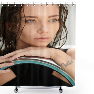 Personality  Close Up, Dreamy Brunette Woman With Blue Eyes Posing Near Handrail Of Pool Ladder, Look Away Shower Curtains