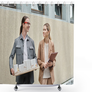 Personality  Two Smiling Colleagues Standing Outdoors With Scale Model Of Building And Paperwork, Design Bureau Shower Curtains