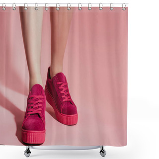 Personality  Cropped Image Of Woman Legs In Stylish Sneakers On Pink Background Shower Curtains